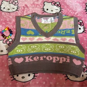 Sanrio Keroppi V‑neck Knit Crop Vest — Pink, Green, Blue, Brown